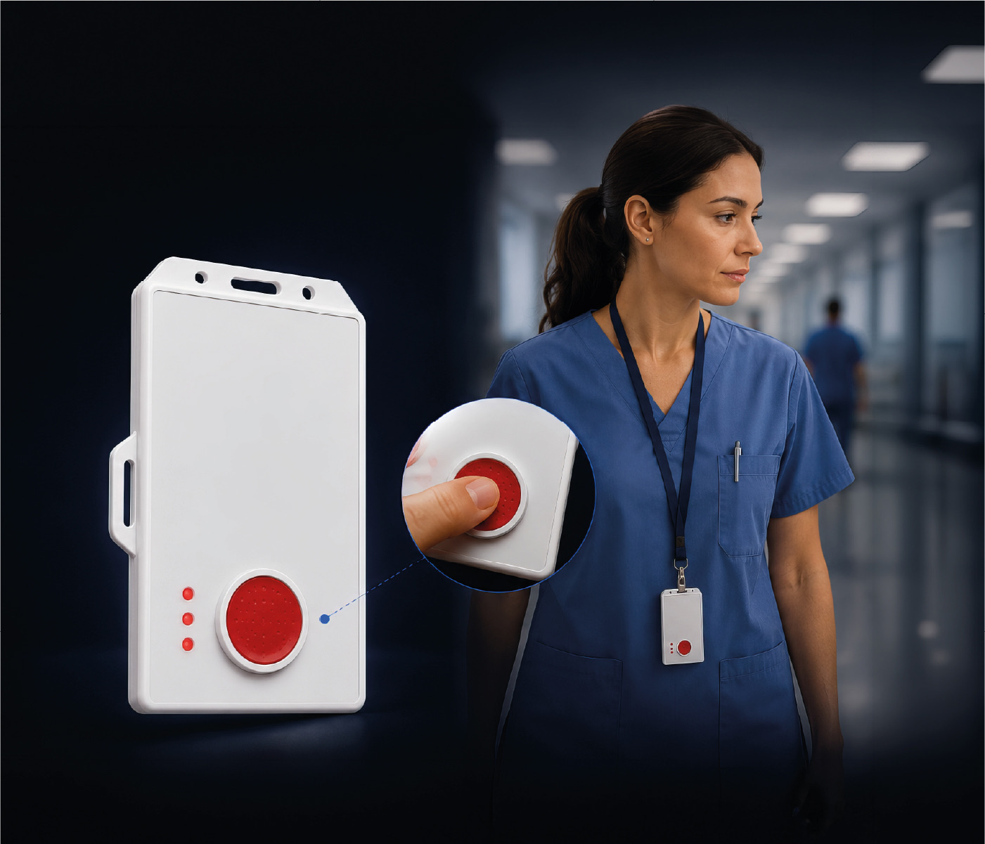 Healthcare professional wearing the stopanic BLE button